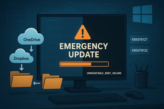 Emergency update on a PC screen with a warning icon, progress bar, and cloud backups (OneDrive/Dropbox).