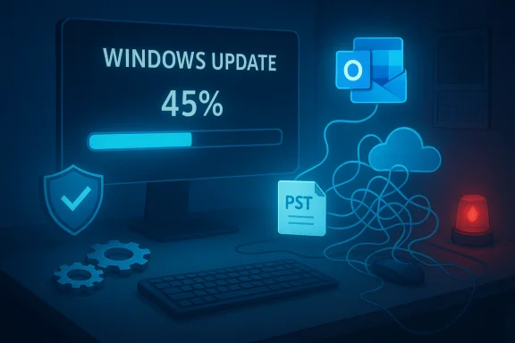Computer screen shows Windows Update at 45%, with Outlook, PST, gears, shield, and red alert light. Computer screen shows Windows Update at 45%, with Outlook, PST, gears, shield, and red alert light.