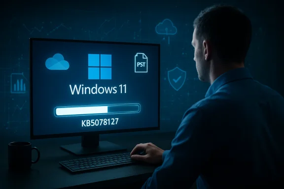 Person at a desk watches Windows 11 update progress on a monitor.