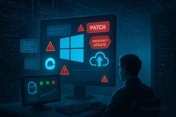 Tech worker monitors Windows patch, emergency update, and cloud icons on a large screen in a server room.