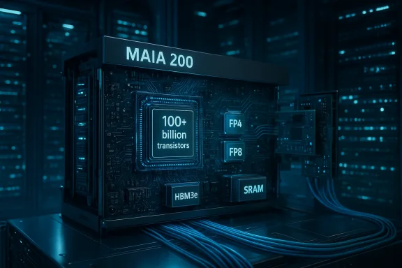 MAIA 200 AI processor with 100+ billion transistors in a futuristic data center.