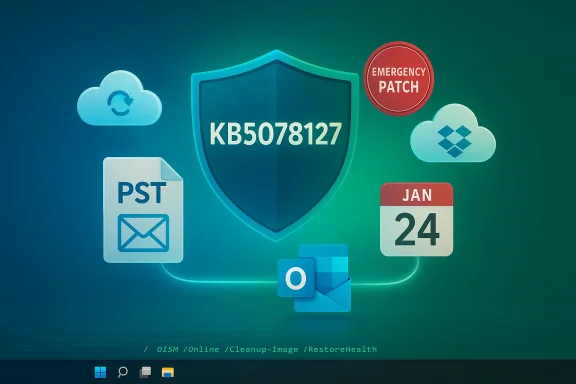 Security-themed graphic with a shield labeled KB5078127 and patch, cloud, and email icons.