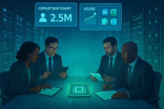 Four professionals in a data center review documents around a glowing central processor.