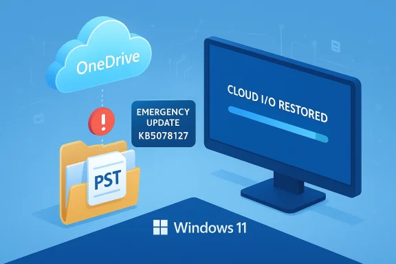 Windows 11 cloud recovery shows OneDrive syncing PST data after an emergency update. Windows 11 cloud recovery shows OneDrive syncing PST data after an emergency update.
