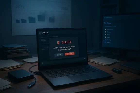 Laptop screen shows a ChatGPT delete confirmation on a cluttered desk.