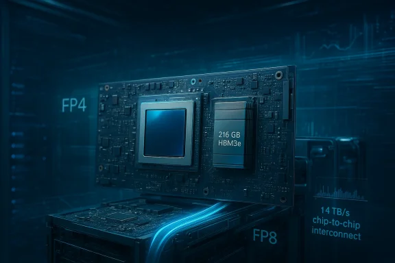 A high-end GPU module featuring 216 GB HBM3e memory in a blue data-center setting.