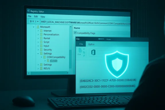 A computer monitor displays the Windows Registry Editor with a glowing shield emblem overlay.