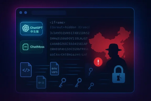 A stylized computer window shows AI chat logos, code, a hacker silhouette over a map, and a red warning icon.