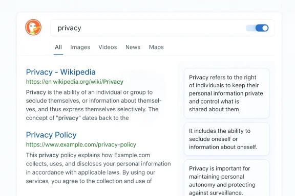 A search results page for 'privacy' showing a Wikipedia entry and side information cards.