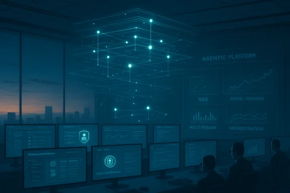 A futuristic control room with many monitors and a glowing holographic network.