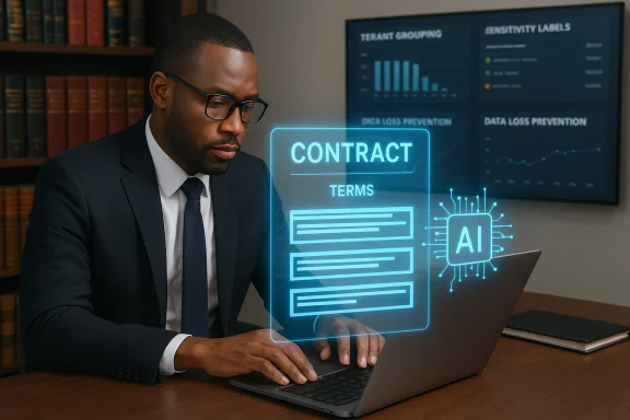 Professional man in a suit types on a laptop as a blue holographic AI contract terms display appears.