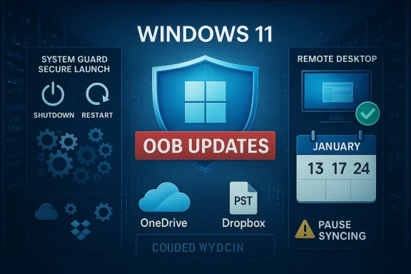 Windows 11 concept graphic featuring an OOB Updates badge with a shield and cloud/remote desktop icons.