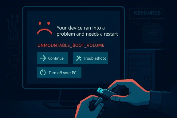 Blue Windows error screen: UNMOUNTABLE_BOOT_VOLUME with options to Continue, Troubleshoot, or Turn off.