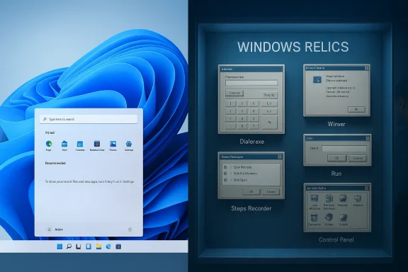 Windows 11 desktop beside a display titled Windows Relics showing vintage Windows tools.