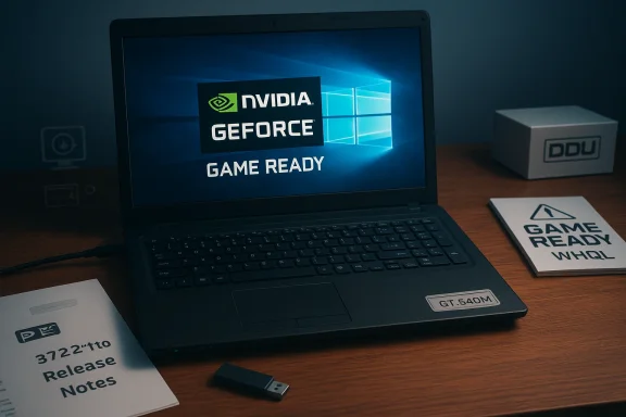 Laptop on a wooden desk shows NVIDIA GeForce Game Ready on Windows, with WHQL notes and a USB drive nearby.