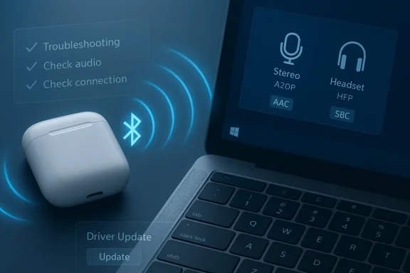 Bluetooth audio setup and troubleshooting on a laptop with wireless earbuds.