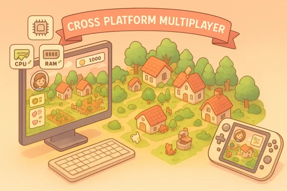 Cross-platform multiplayer: PC and handheld play in a shared village game world.