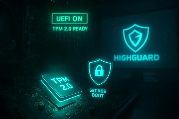 Neon-lit motherboard shows UEFI on, TPM 2.0 ready, and HighGuard secure-boot shield.
