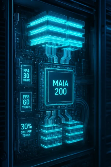 Blue-lit server motherboard featuring the MAIA 200 chip and glowing stacked circuitry.