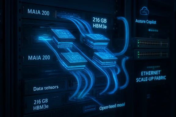 Blue-lit data center rack with glowing cables and MAIA 200, HBM3e labels.