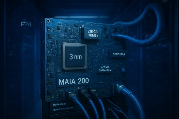 Blue-lit server board labeled MAIA 200 with a 3 nm chip and HBM3e memory.
