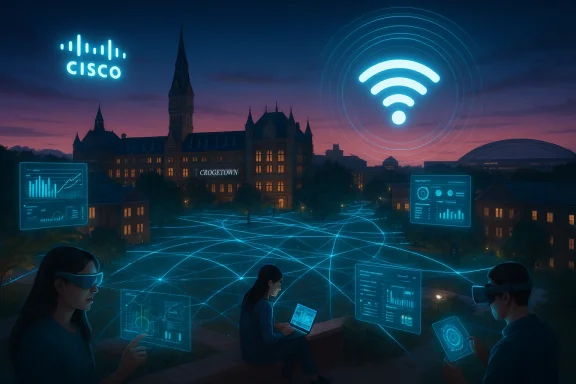 A futuristic campus at dusk with holographic AR interfaces and a glowing Wi‑Fi symbol.