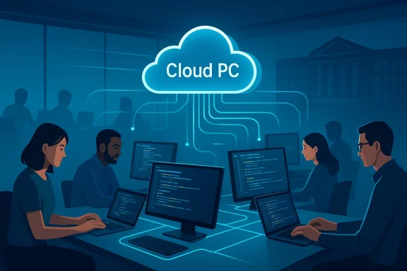Developers work at desks, connected to a glowing Cloud PC cloud.