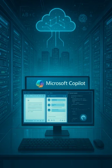 Microsoft Copilot workstation in a data center, connected to the cloud above a city skyline.