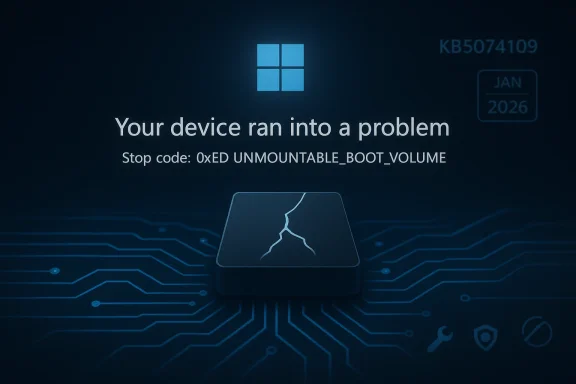 Windows crash screen showing UNMOUNTABLE_BOOT_VOLUME error on a blue circuit background.