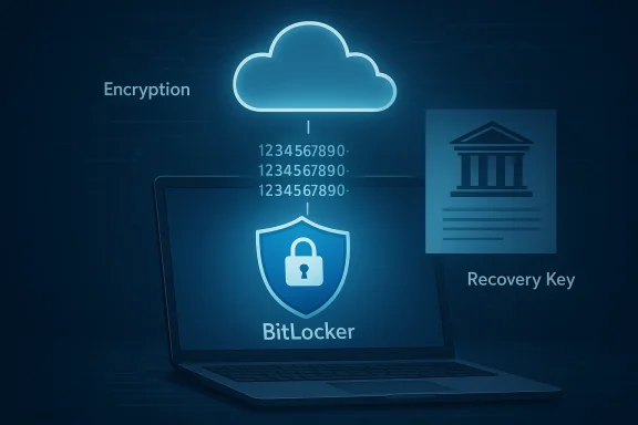 Cloud encryption with BitLocker protection and a recovery key on a laptop. Cloud encryption with BitLocker protection and a recovery key on a laptop.
