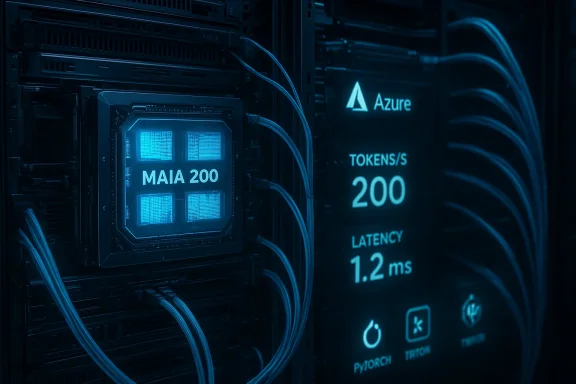 Azure server rack featuring a MAIA 200 chip, delivering 200 tokens/s with 1.2 ms latency.