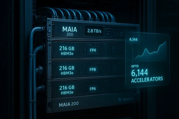 Server rack with MAIA 200 accelerators and a holographic performance display.