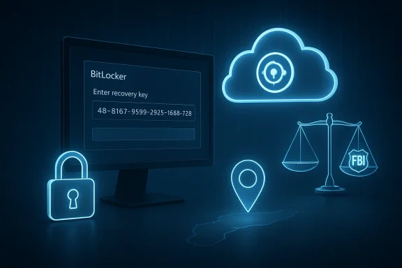 Neon blue cybersecurity scene with a BitLocker recovery key prompt on a monitor, plus cloud, lock, pin, and FBI scales.
