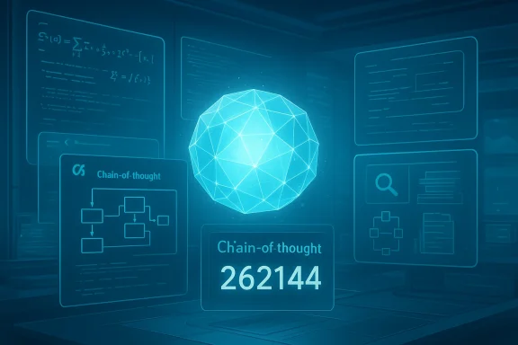Blue holographic polyhedral sphere floats amid chain-of-thought dashboards and 262144.