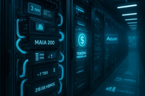 Blue-lit data center with glowing server cabinets and Azure branding.