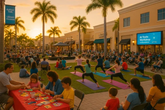 Sunset outdoor yoga in a palm-lined shopping plaza, with a large audience watching.