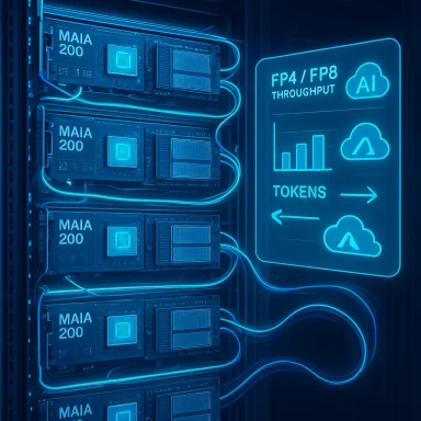 Blue-lit server rack with MAIA 200 hardware modules and a neon sign showing FP4/FP8 throughput and AI tokens.