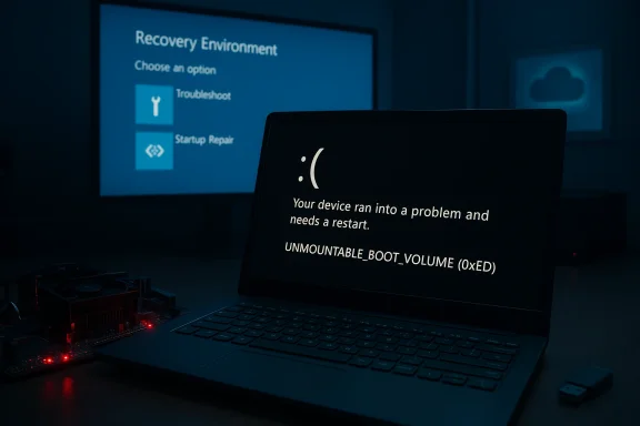 Laptop shows a Windows crash screen: UNMOUNTABLE_BOOT_VOLUME error with Recovery Environment options.