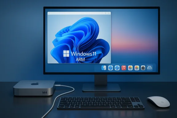 Mac mini M4 on a desk running Windows 11 ARM on a large monitor with keyboard and mouse.