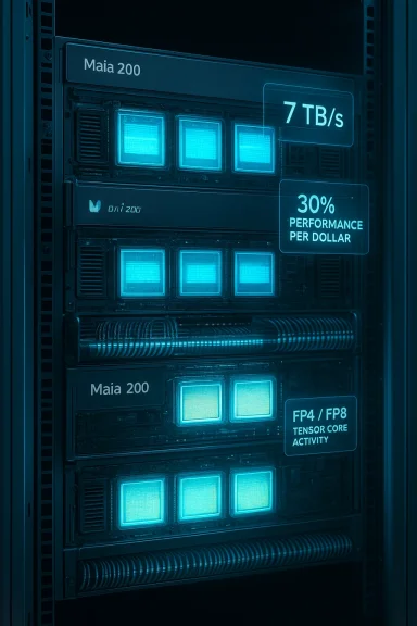 Blue-lit Maia 200 server rack displaying high-performance metrics.