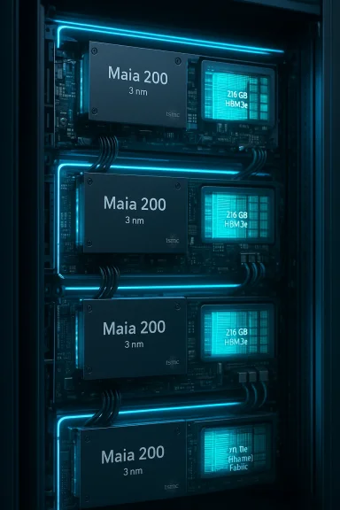 Blue-lit server rack featuring Maia 200 3nm chips and HBM3e memory modules.