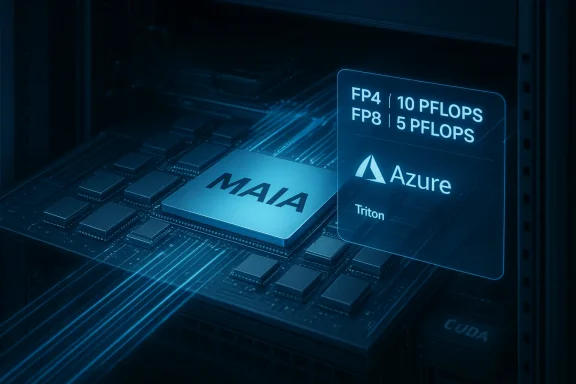 MAIA chip on a circuit board beside a blue Azure Triton holographic label.