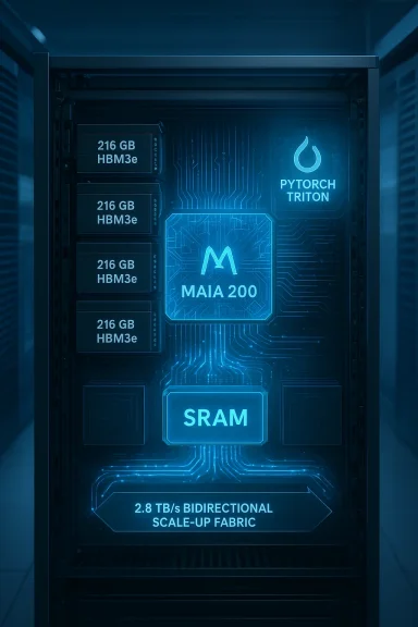 A futuristic server rack featuring the MAIA 200 AI chip, SRAM, and PyTorch Triton branding.