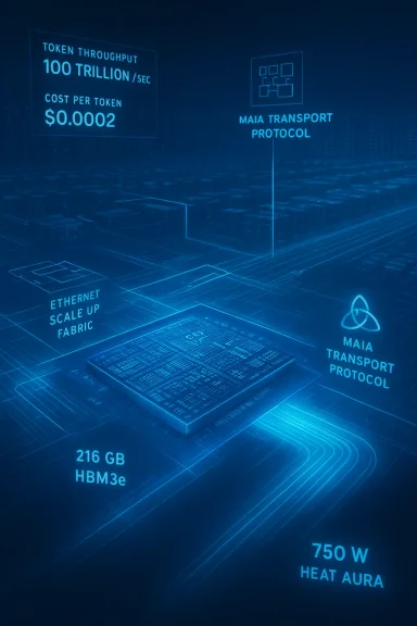 Blue holographic schematic of a processor with token throughput and Maia Transport Protocol labels.