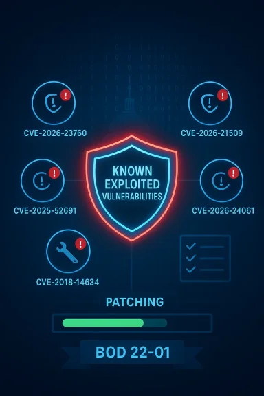 Neon blue shield labeled 'Known Exploited Vulnerabilities' with CVE icons and a patching progress bar.