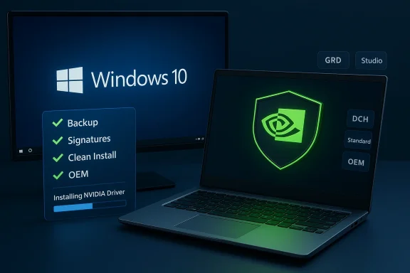 Windows 10 setup screen with a checklist, beside a laptop displaying a neon green shield logo.