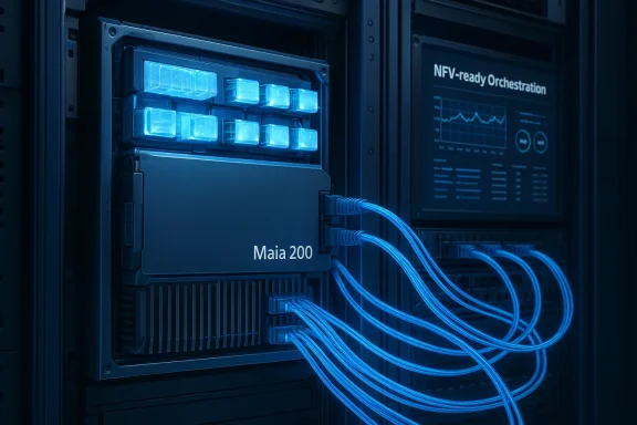 Blue-lit data center rack with Maia 200 module and glowing cables.