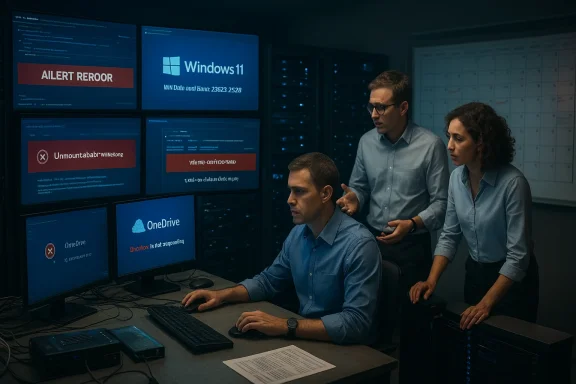Three IT professionals monitor multiple screens in a security operations room.