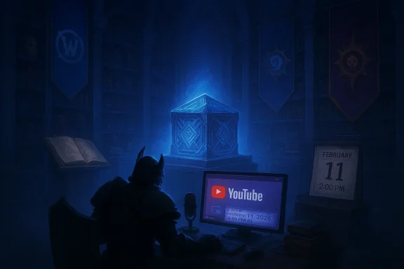 Armored figure at a desk in a dark library watches YouTube as a glowing blue cube rests on a pedestal.