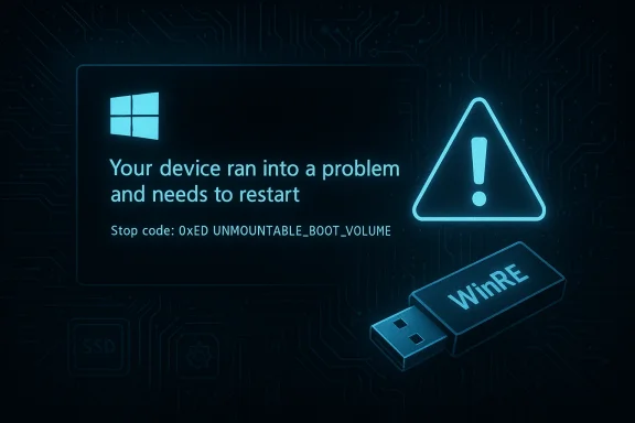Windows error screen reads 0xED UNMOUNTABLE_BOOT_VOLUME beside a WinRE USB drive.